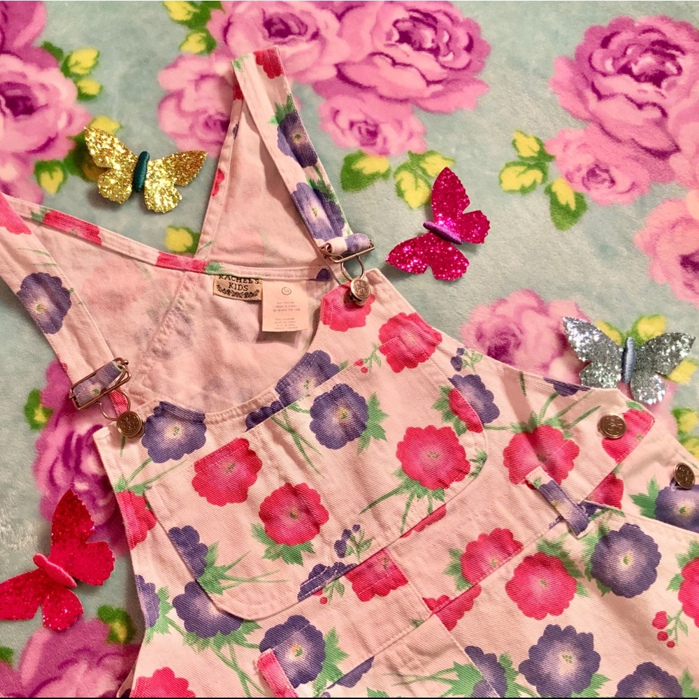 Vtg 90’s White Denim Overalls Pink Purple Flowers - Picture 9 of 9